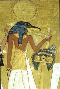 Antiguo Egipto, Pintura mural Tumba de Inherkhau, Tebas, Dios Thot presentando el difunto a Osiris, Dinastía XX, Dios con cabeza de Ibis y disco lunar (foto)