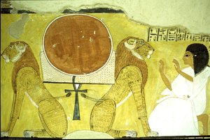 Antiguo Egipto, Pintura mural Tumba de Inherkhau, Tebas, Inherkhau adorando a dos leones, guardianes del hoy y del mañana, Dinastía XX (foto) de School Egyptian