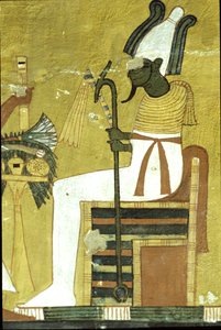 Antiguo Egipto, Pintura mural Tumba de Inherkhau, Tebas, Osiris sentado ante mesa de ofrendas, Dinastía XX (foto)
