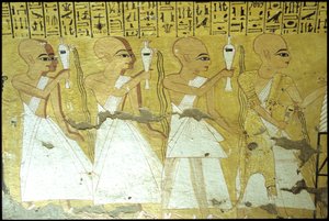 Antiguo Egipto, Pintura mural Tumba de Inherkhau, Tebas, Tumba de los Nobles, dinastía XX, Sacerdotes vertiendo libaciones para Inherkhau (foto)