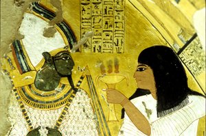 Antiguo Egipto, Pintura mural Tumba de Inherkhau, Tebas, Tumba de los Nobles, dinastía XX, Inherkhau haciendo ofrendas a Osiris (foto)