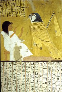 Antiguo Egipto, Pintura mural Tumba de Inherkhau, Tebas, Tumba de los Nobles, dinastía XX, Inkherhau adorando al halcón Horus (foto) de School Egyptian