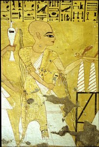 Antiguo Egipto, Pintura mural Tumba de Inherkhau, Tebas, Tumba de los Nobles, dinastía XX, Un sacerdote vierte libaciones para Inherkhau (foto)