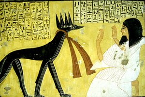 Antiguo Egipto, Pintura mural Tumba de Inherkhau, Tebas, Tumba de los Nobles, dinastía XX, Inherkhau adorando a los dioses chacales (foto)