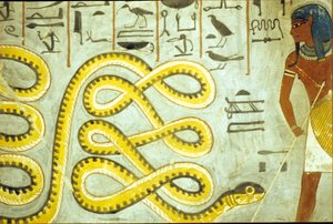 Antiguo Egipto, Pintura mural, Tumba de Ramsés I, Valle de los Reyes, Ramsés I matando a la serpiente Dios del inframundo de School Egyptian