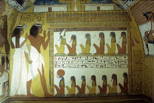 Antiguo Egipto, Pintura mural, Tumba de Sennedjem, Muro, Sennedjem y su esposa adoran a dioses del inframundo, Osiris, Horus, Tebas, Deir el Medina de School Egyptian