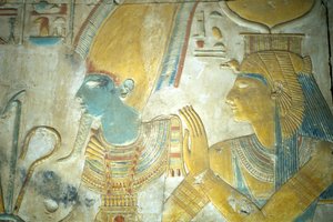 Antiguo Egipto, Pintura mural, Isis y Osiris, Templo de Seti I, Abidos (foto)