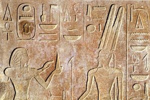 Antiguo Egipto, Pintura mural, Templo de Karnak/Luxor, Hatshepsut ofrece pan a Amón Ra de School Egyptian