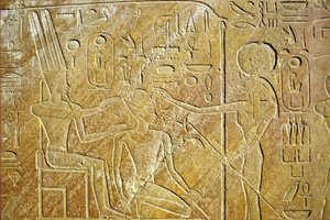 Antiguo Egipto, Pintura mural, Sakhmet se dirige a Amon Ra y Hatshepsut, Templo de Karnak, Luxor