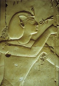 Antiguo Egipto, Pintura mural/talla, Seti I recibiendo la vida, simbolizada por el anj, Templo de Seti I, Abidos de School Egyptian