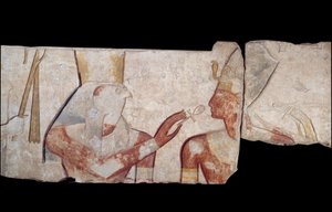 Arte egipcio antiguo: El rey Ramsés II es presentado a las divinidades Horus, Amón y Hathor que le otorgan vida e insignias reales. Bajo relieve de piedra caliza del templo de Ramsés II en Abydos, alrededor de 1250 a.C. Dinastía XIX. Nuevo Imperio. París,  de School Egyptian