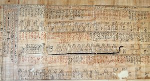 Antigüedad egipcia: papiro del Libro de los Hogares Secretos. Este libro es una representación comentada del viaje subterráneo del sol durante las doce horas de la noche. Primero dibujado en las paredes de las tumbas reales, luego fue transcrito en de School Egyptian