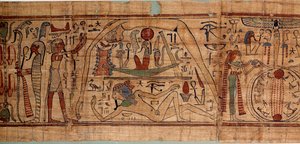 Antigüedad egipcia alegoría del cosmos: papiro mitológico de Neskapashouty, escriba contable de granos representando la cosmogonía, con Geb, Nut, Neftis, Osiris de School Egyptian