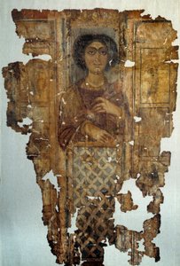 Antigüedad egipcia: sudario de lino pintado y dorado de una mujer de Antino. Siglo IV d.C. París, Museo del Louvre de School Egyptian