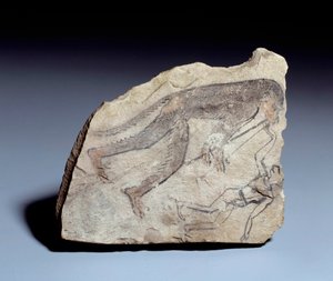 Antigüedad egipcia: ostrakon (o ostracon) (plural: ostraca o ostraka) figura: mono tocando doble flauta (aulos) para hacer bailar a un hombre. Piedra en piedra caliza. Dinastía 19 (ca. 1295-1186). Del sitio de Deir el-Medineh (el Medineh)