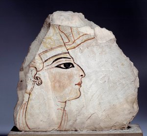 Antigüedad egipcia: ostrakon (o ostracon) (plural: ostraca u ostraka), fragmentos de cerámica de piedra caliza con perfil real. Dinastía XIX (1295-1186 a.C.). París, Museo del Louvre de School Egyptian