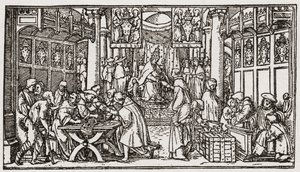 Venta de indulgencias durante la época de los Tudor en Inglaterra (grabado)