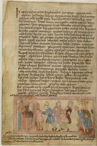 Cotton Claudius B. IV, f.58v Una escena que muestra la justicia anglosajona, ilustración de (vitela) de School English