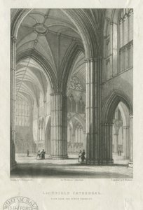 Interior de la Catedral de Lichfield - Cruce desde el transepto norte: grabado, nd [mediados del siglo XIX] de School English