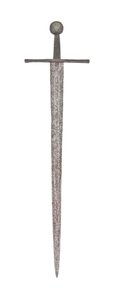 Espada ancha medieval tardía, con hoja vikinga anterior y con los brazos de la familia De Bohun, Condes de Hereford y Essex de School English