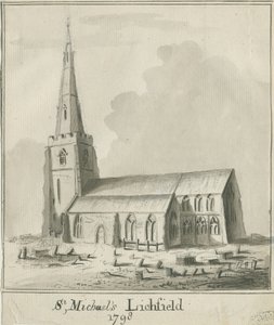 Lichfield - Iglesia de San Miguel: dibujo a pluma y lavado en sepia de School English