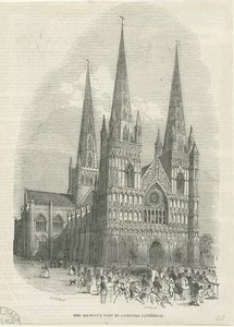 Catedral de Lichfield - Fachada Oeste: grabado en madera, nd [1843] de School English