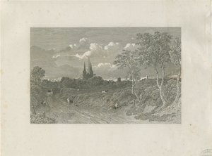 Catedral de Lichfield - Vista oeste (distante): grabado, nd [?siglo XVIII] de School English