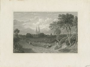 Catedral de Lichfield - Vista oeste (distante): grabado, nd [?siglo XVIII] de School English