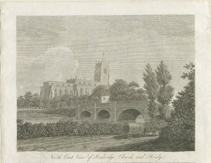 Ciudad de Penkridge - Iglesia y Puente (grabado) de School English