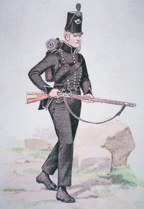 Soldado del 95º Rifles, c.1810, armado con el Rifle Baker, diseñado por Ezekiel Baker de Londres