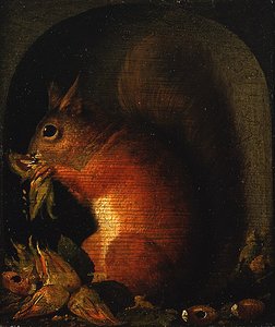 Ardilla Roja en un Nicho con Nueces