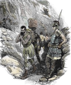 Legionario romano supervisando a trabajadores anglosajones en una mina de estaño, Inglaterra 50 d.C. (imprimir)