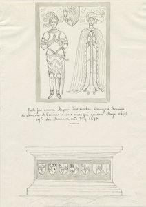 Iglesia de Sandon - Tumba de Hugh Erdeswicke y Cecilia [Bassett]: dibujo en tinta y pluma, s.f. [?siglo XVIII] de School English