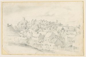 Tutbury - Ciudad, Iglesia y Castillo: dibujo a lápiz, nd [?siglo XIX] de School English