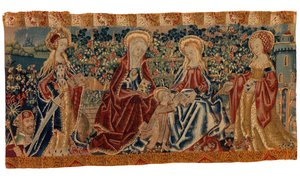 Tapiz frontal de altar que representa a la Virgen con el Niño y a Santa Ana asistida por dos santos, finales del siglo XV-principios del XVI (lana y seda)