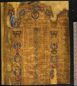 Tablas canónicas, siglos VI-VII, Add MS 5111, f.11r (pluma y tinta con pan de oro sobre pergamino)
