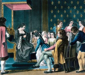 Ana de Bretaña entregando la "Ordre de la Cordeliere" a una dama de compañía (grabado en color) de School French