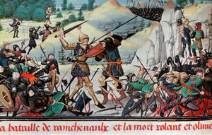 Muerte del caballero Roldán, sobrino de Carlomagno, en la Batalla de Roncesvalles (778) entre el ejército de Carlomagno y los sarracenos. Miniatura. París B.N.