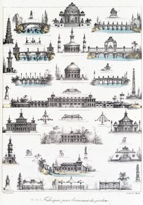 Fachada de diferentes edificios dedicados a la fabricación de adornos de jardín de School French