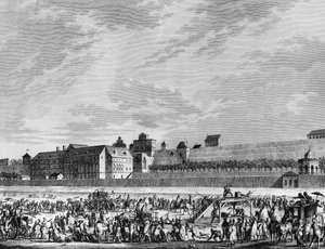 Revolución francesa y movimientos antirrevolucionarios: Muerte de Jean Sylvain Bailly (1736-1793) el 12 de noviembre de 1793 guillotinado, por haber declarado a favor de María Antonieta en su audiencia, en la explanada del Campo de Marte en París. París, B de School French