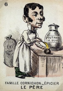 Juego de las Siete Familias: El Padre de la Familia Cornichon-tendero preparando mostaza de Dijon. Musée de la Carte à Jouer, Issy-les-Moulineaux de School French