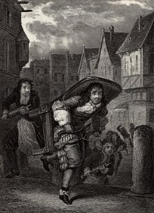 "Monsieur de Pourceaugnac" Grabado de "obras" del autor inglés Molière - Escena de la obra de teatro "Monsieur de Pourceaugnac" por Jean-Baptiste Poquelin llamado Molière (Jean Baptiste Poquelin)