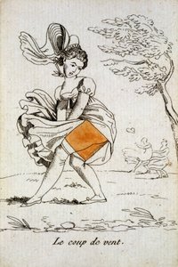 Antigua carta para jugar: el as de diamantes - "La ráfaga de viento" levantando la falda de una mujer. Musée de la Carte à Jouer, Issy-les-Moulineaux de School French
