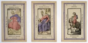 Antiguas cartas de juego con el rey (hombre rubio), la reina (mujer rubia) y el jinete (final) copa. Musée de la Carte à Jouier, Issy-les-Moulineaux.