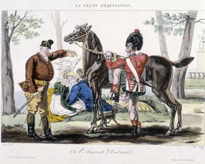 Lección de equitación o amante distraído - dibujo humorístico de School French