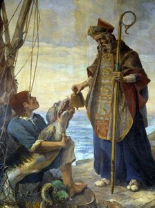 San Pol de León recibe de un pez, en la isla de Batz, la campana que el Rey Mark le había negado en Ouessant, c. 530 - pintura de la iglesia de Morlaix
