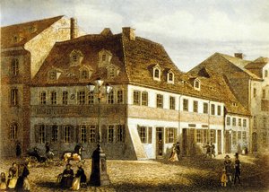 Lugar de nacimiento del compositor Robert Schumann en Zwikau, Sajonia (grabado en color)