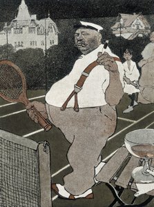 Tenis: hombre gordo, fumando y bebiendo alcohol, jugando tenis - caricatura alemana