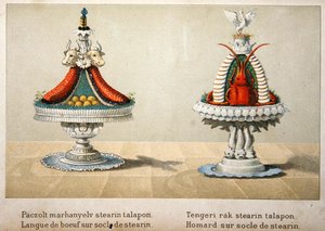 Diseño para la presentación de lengua de buey sobre una cama de estearina y para langosta, ilustración de un libro de cocina húngaro sobre cocina francesa, c.1880 de School Hungarian