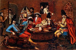 Soldados rebeldes del Príncipe Ferenc Rakoczi II relajándose con compañeros de School Hungarian